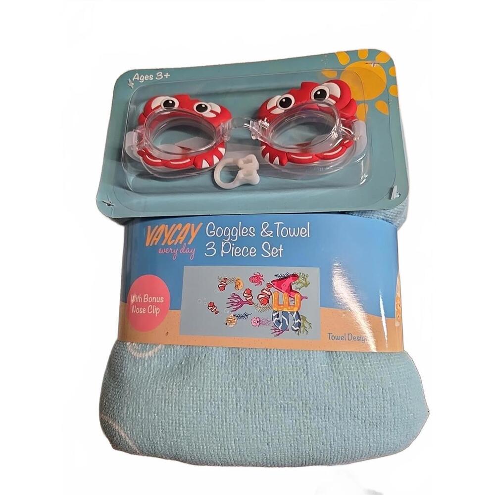 VAYCAY Goggles & Towel 3 Piece Set with Bonus Nose Clip